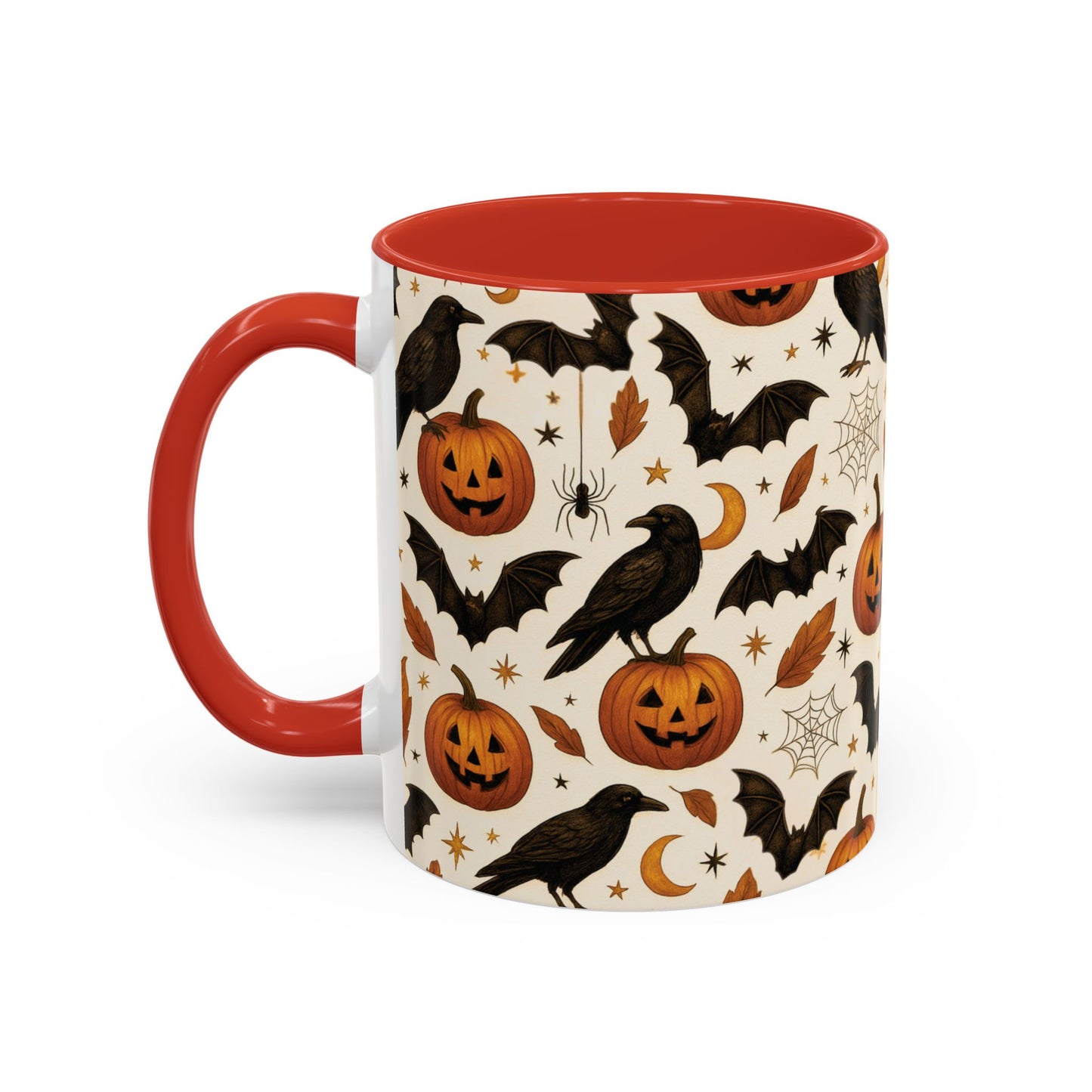 Halloween Raven & Pumpkin Color Accent Mug β Gothic Crow, Bats & Jack-oβ-Lantern Coffee Cup (11oz & 15oz) β Spooky Autumn Drinkware