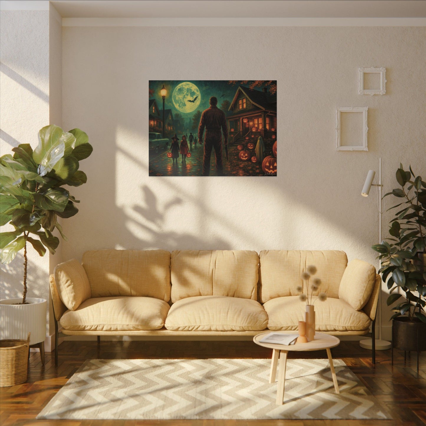 Halloween Neighborhood Scene Canvas Print β Retro Suburban Trick-or-Treat, Glowing Pumpkins & Full Moon Wall Art