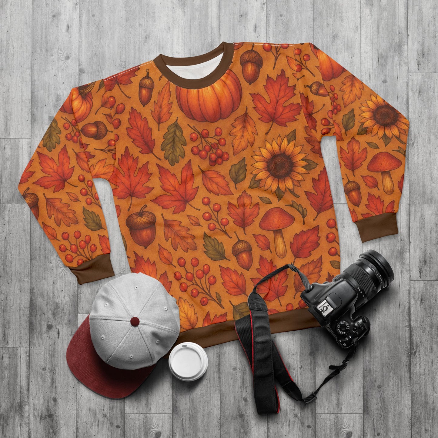Autumn Harvest AOP Unisex Sweatshirt | Cozy Fall Leaves, Pumpkins & Sunflowers | All-Over Print | Free Worldwide Shipping