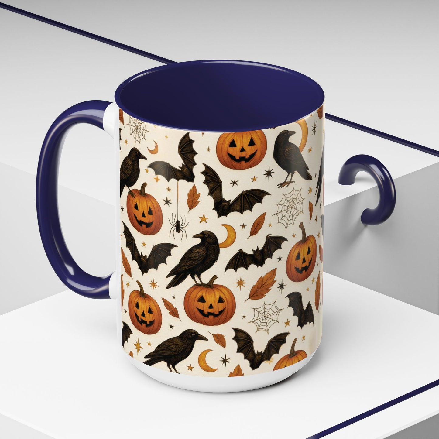 Halloween Raven & Pumpkin Color Accent Mug β Gothic Crow, Bats & Jack-oβ-Lantern Coffee Cup (11oz & 15oz) β Spooky Autumn Drinkware
