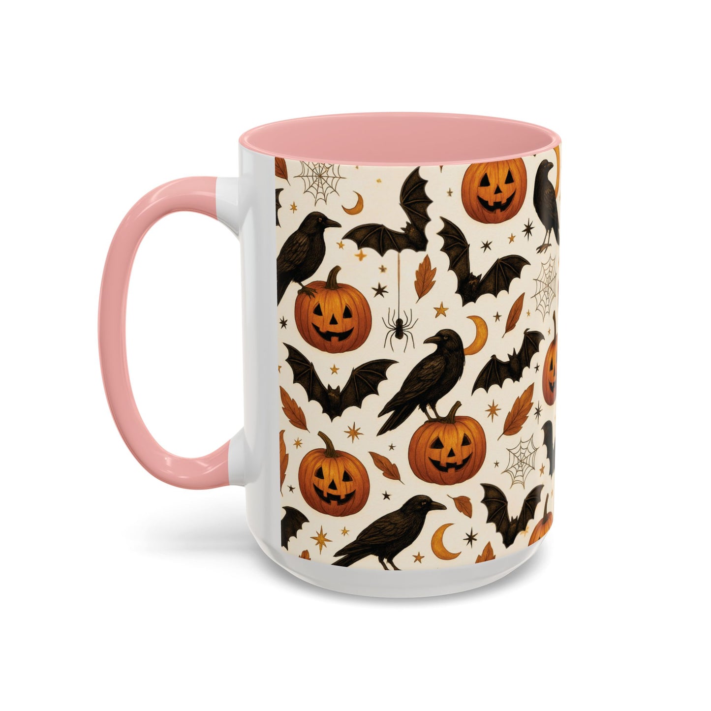 Halloween Raven & Pumpkin Color Accent Mug β Gothic Crow, Bats & Jack-oβ-Lantern Coffee Cup (11oz & 15oz) β Spooky Autumn Drinkware