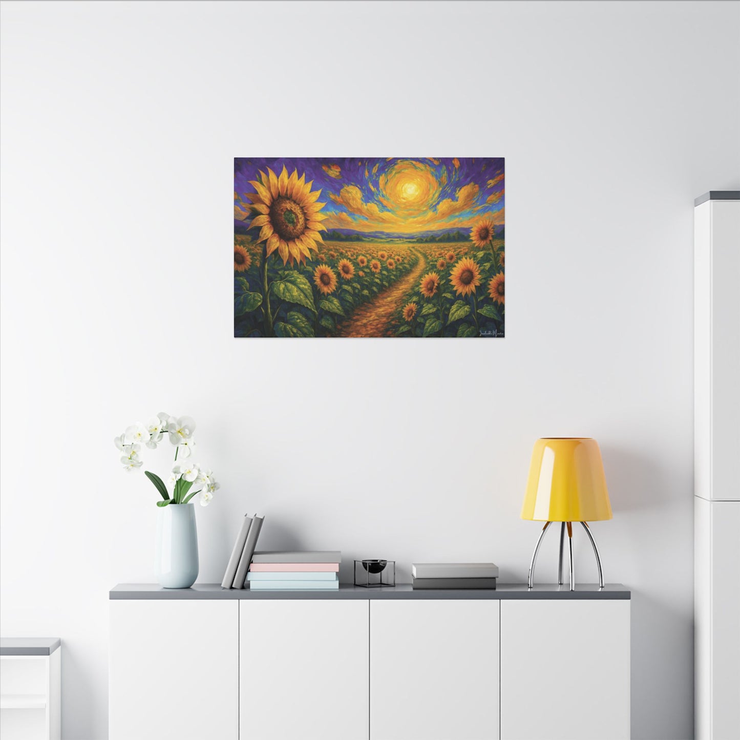 Sunflower Field Canvas Wall Art β Vibrant Golden Blooms, Van Gogh Inspired Sky, Horizontal Landscape Print