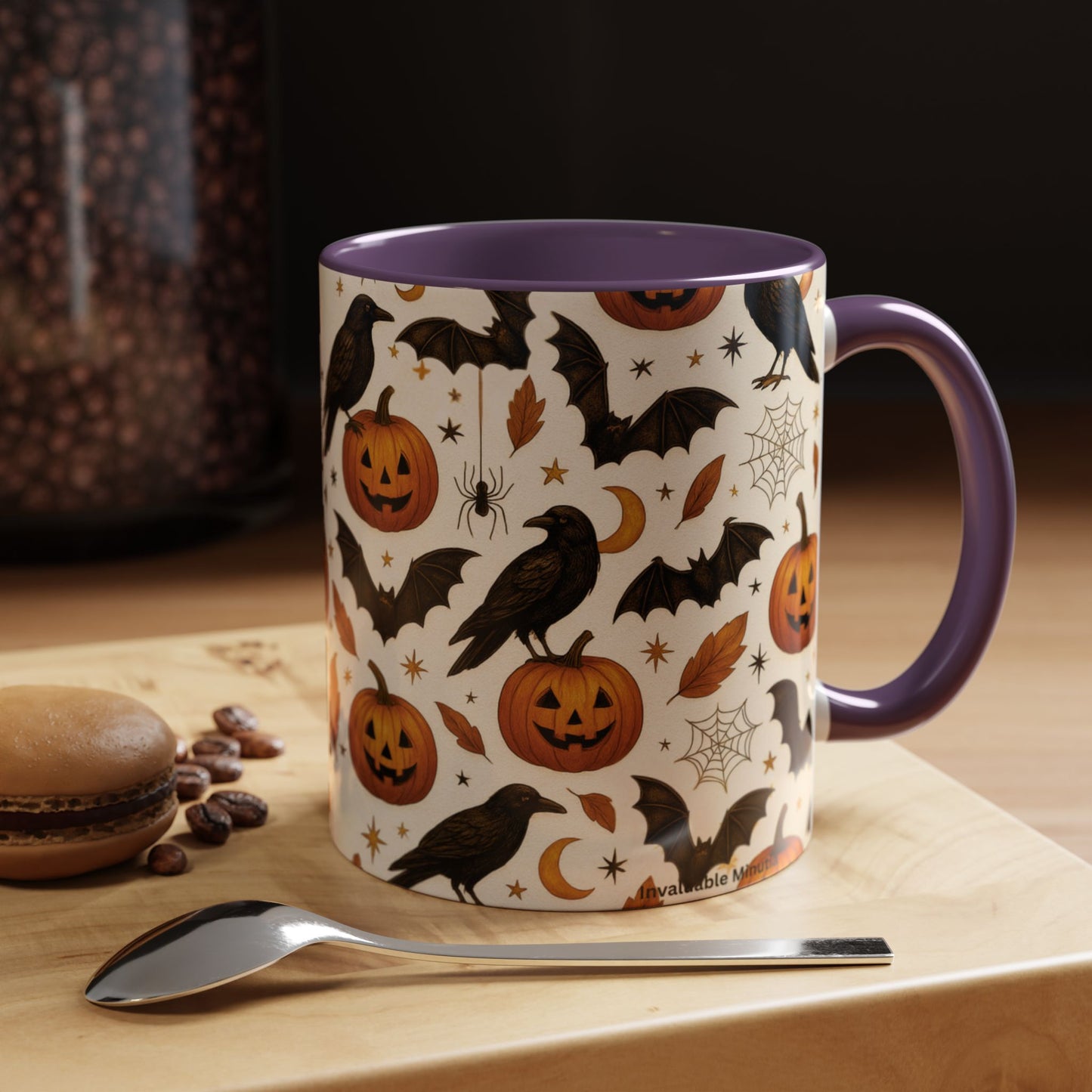Halloween Raven & Pumpkin Color Accent Mug β Gothic Crow, Bats & Jack-oβ-Lantern Coffee Cup (11oz & 15oz) β Spooky Autumn Drinkware