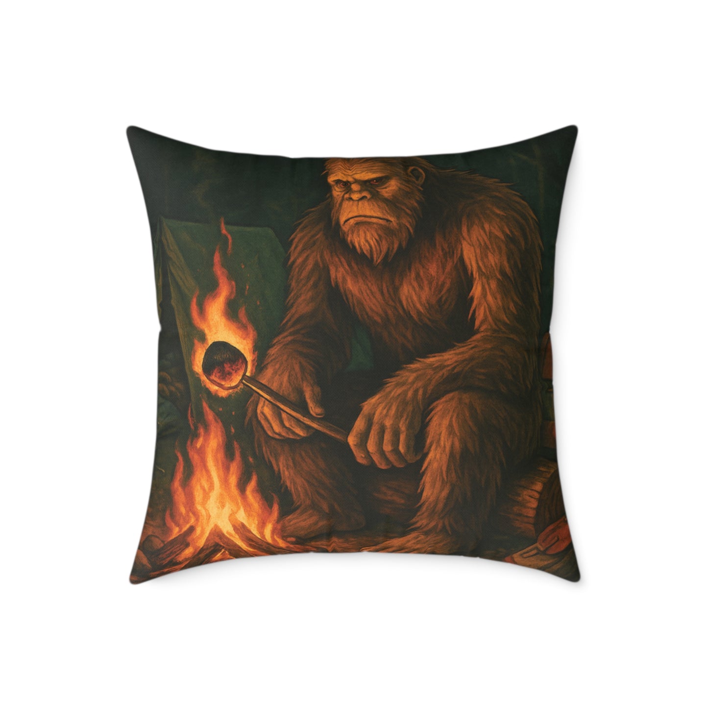 Bigfoot Burnt the S’more – Cryptid Campsite Canvas Throw Pillow