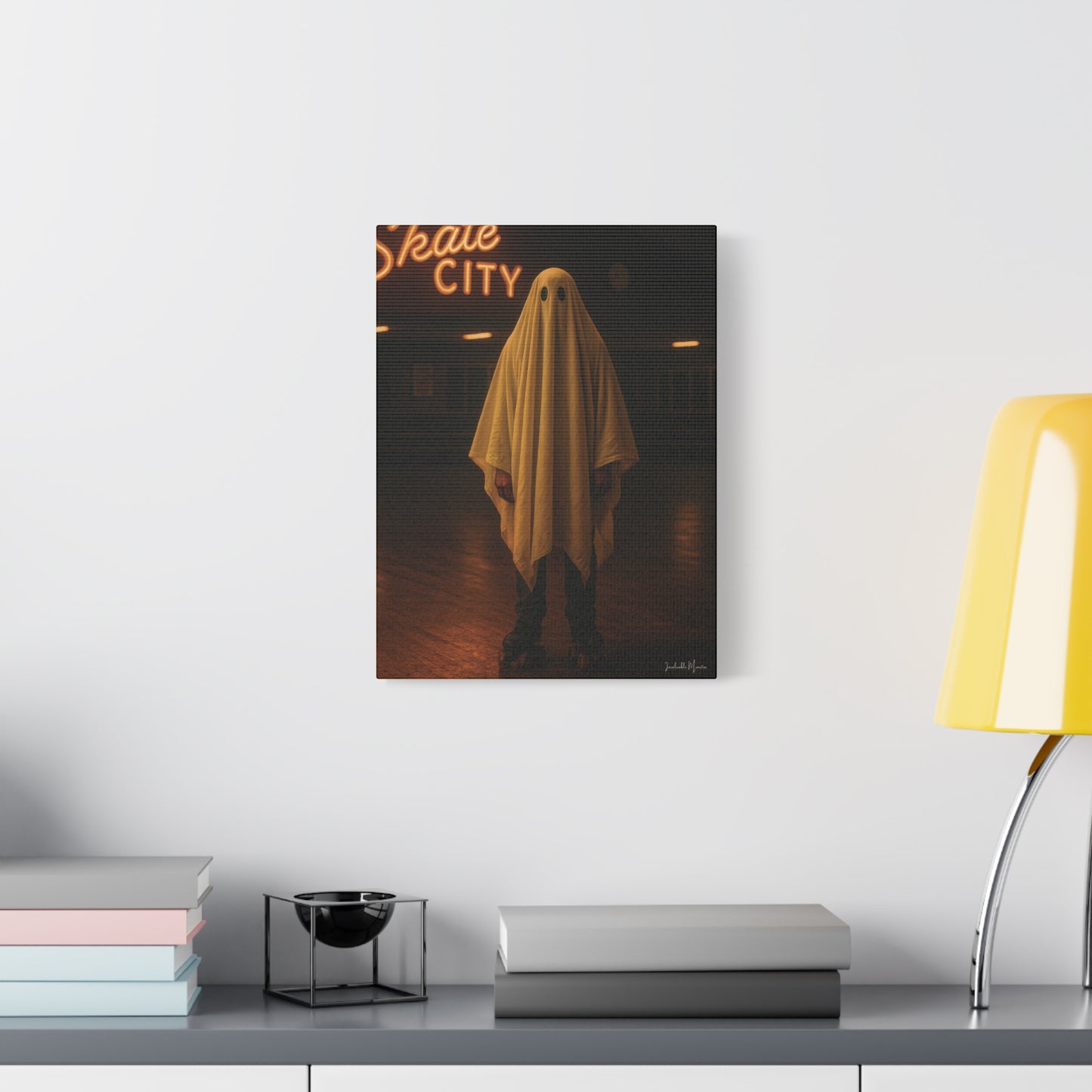 Ghost at the Roller Rink Canvas Wall Art β Retro 80s Nostalgic Halloween Decor