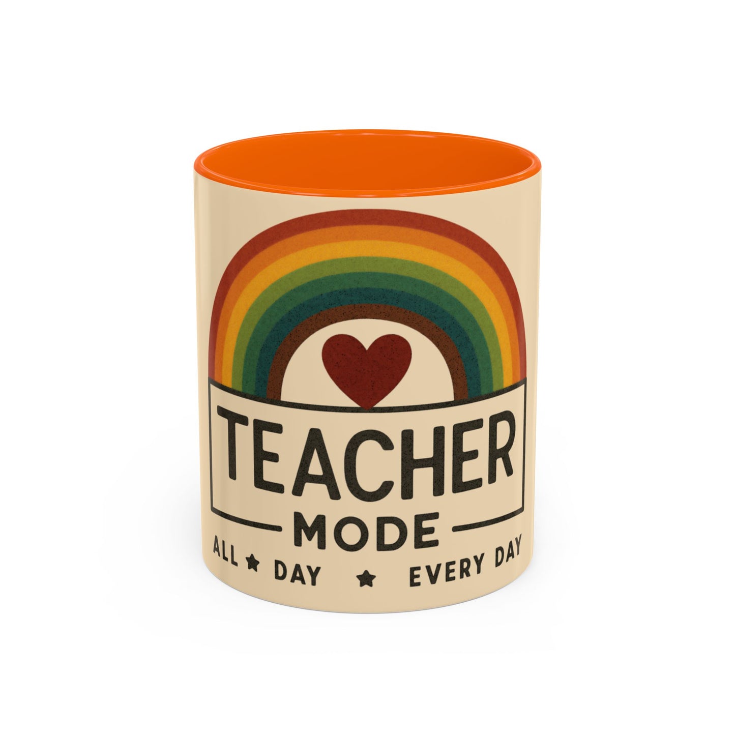 Teacher Mode – Color Accent Mug (11oz/15oz) • Rainbow Heart • Teacher Gift • Dishwasher & Microwave Safe