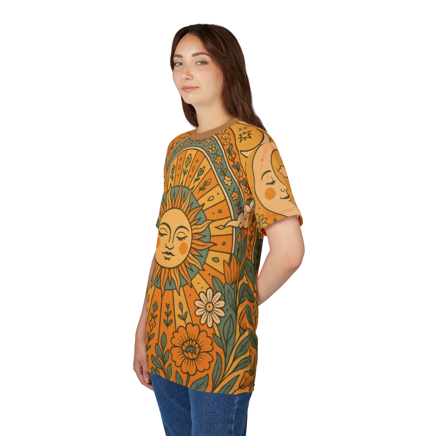 Sun & Moon Boho Vibes Unisex Cut & Sew Tee | AOP Shirt, Boho Style Tee, Perfect for Summer, Gift for Nature Lovers, Festival Wear