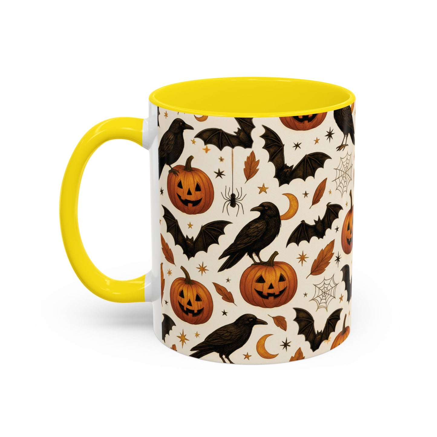 Halloween Raven & Pumpkin Color Accent Mug β Gothic Crow, Bats & Jack-oβ-Lantern Coffee Cup (11oz & 15oz) β Spooky Autumn Drinkware