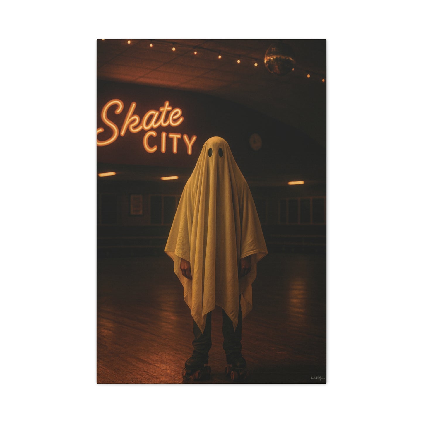 Ghost at the Roller Rink Canvas Wall Art β Retro 80s Nostalgic Halloween Decor