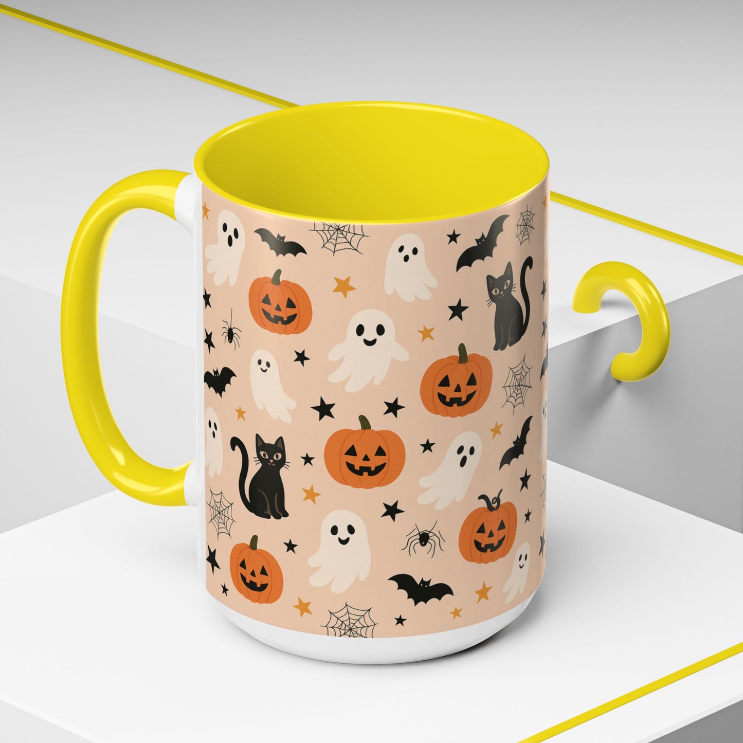 Halloween Color Accent Mug β Ghosts, Pumpkins & Black Cats, Fall Coffee Cup (11oz & 15oz) β Boutique Spooky Season Drinkware