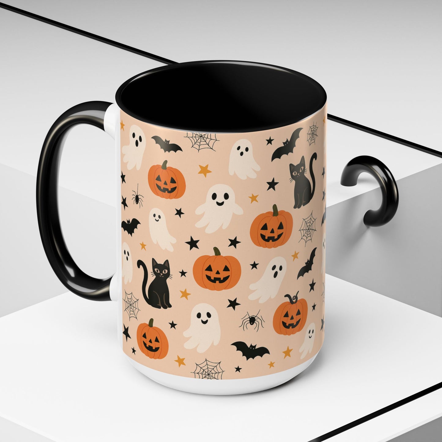 Halloween Color Accent Mug β Ghosts, Pumpkins & Black Cats, Fall Coffee Cup (11oz & 15oz) β Boutique Spooky Season Drinkware