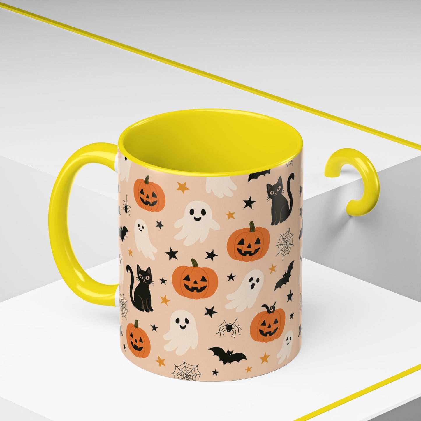 Halloween Color Accent Mug β Ghosts, Pumpkins & Black Cats, Fall Coffee Cup (11oz & 15oz) β Boutique Spooky Season Drinkware