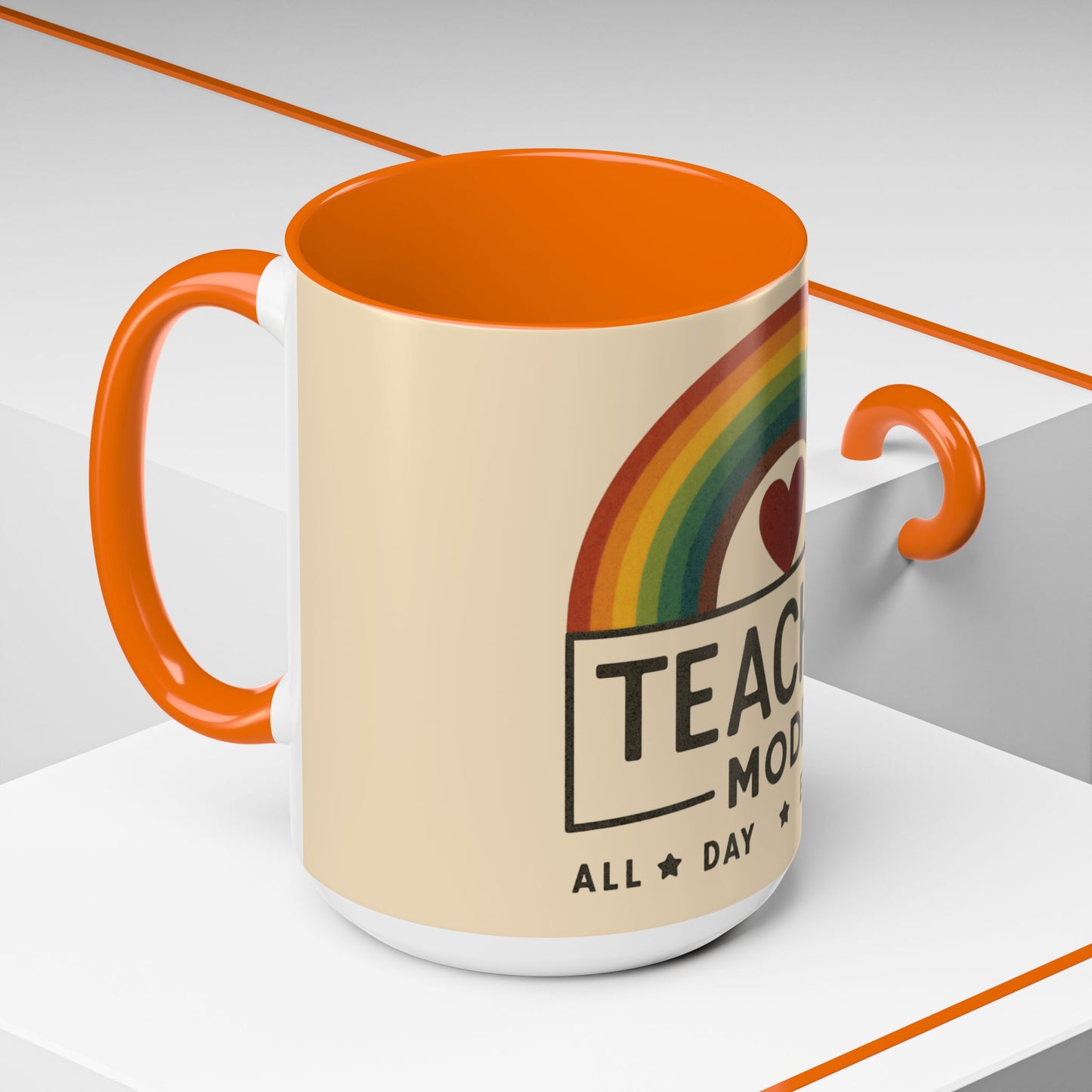 Teacher Mode – Color Accent Mug (11oz/15oz) • Rainbow Heart • Teacher Gift • Dishwasher & Microwave Safe