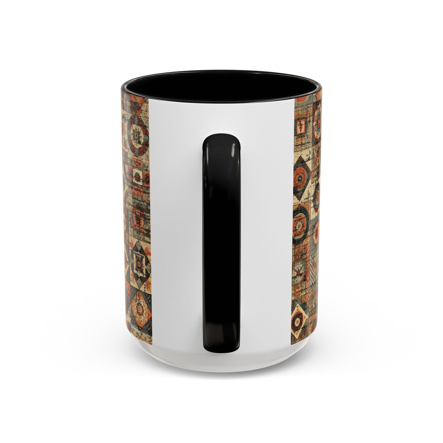 Rear/Handle View. 15oz Black accent BOHO Patchwork Mug Mockup Handle/Rear View. Invaluable Minutia