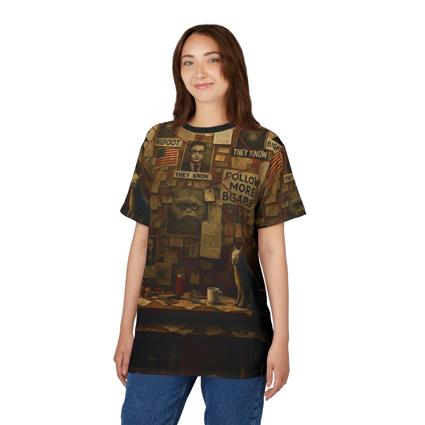 Bigfoot Conspiracy Tee, Unisex T-Shirt, Funny Graphic Tee, Unique Gift for Halloween, Cryptid Lover Fashion, AOP Apparel