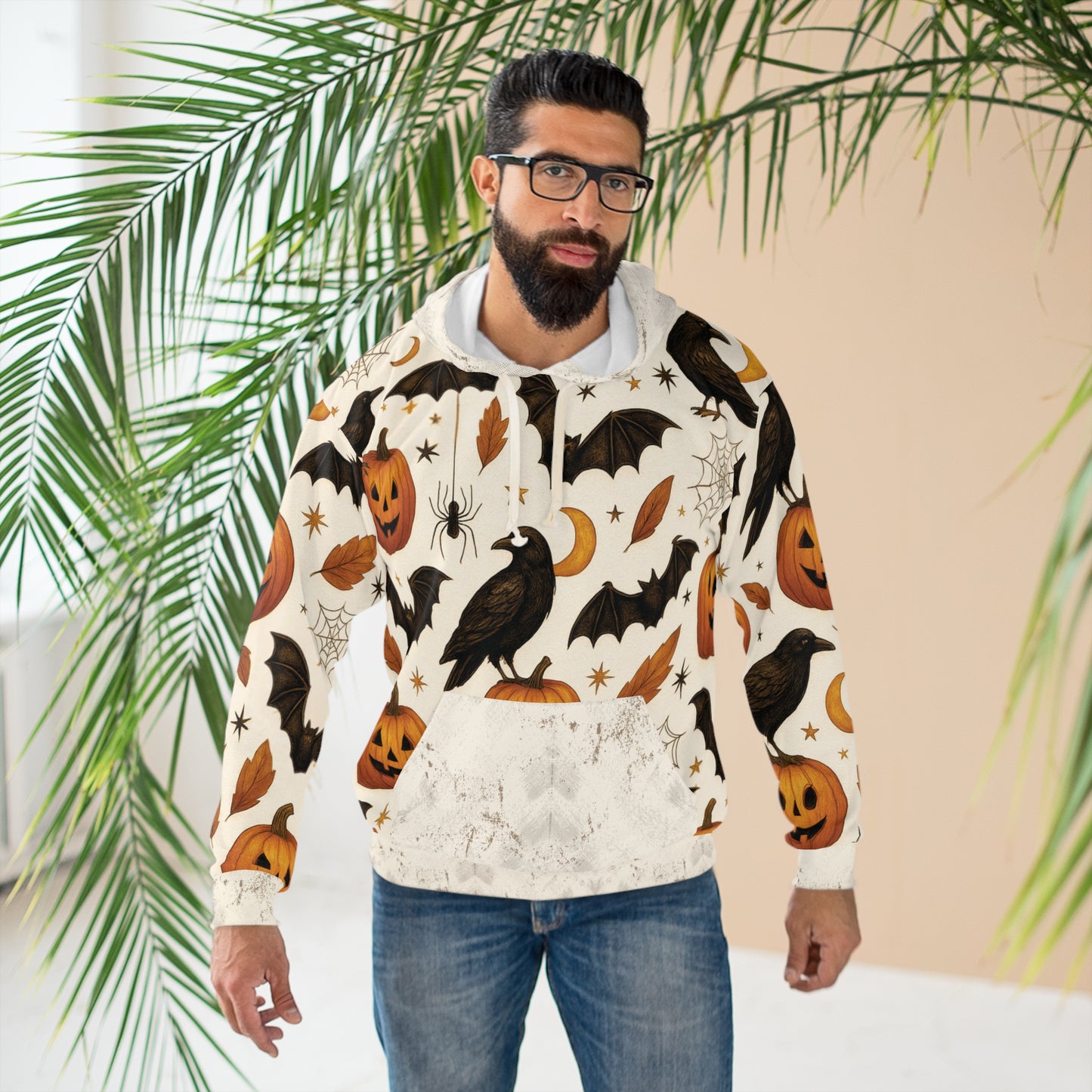 Vintage Halloween AOP Pullover Hoodie – Ravens, Pumpkins & Bats | Boutique Spooky Season Fashion