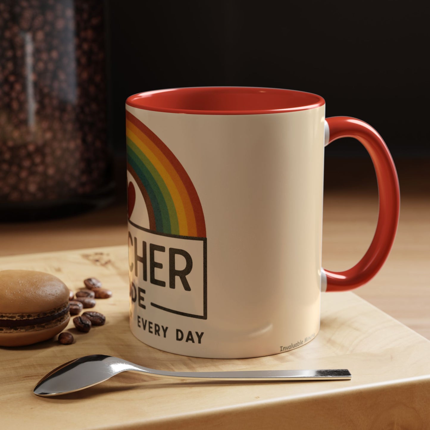 Teacher Mode – Color Accent Mug (11oz/15oz) • Rainbow Heart • Teacher Gift • Dishwasher & Microwave Safe