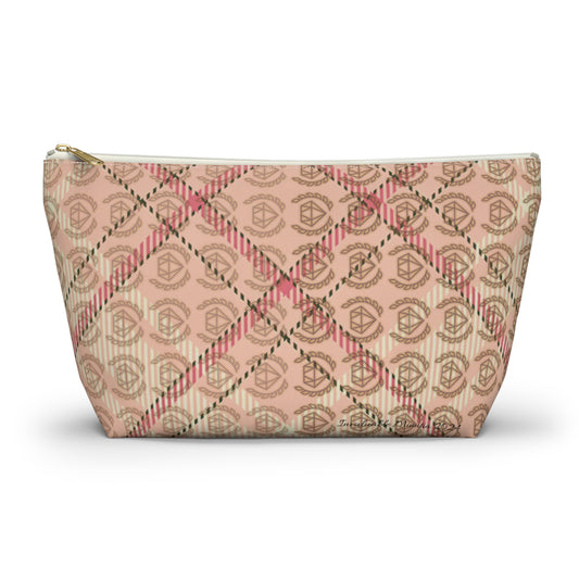 Elegant Plaid T-Bottom Accessory Pouch • Soft Pink Travel Bag with Boutique Monogram • Small or Large Sizes