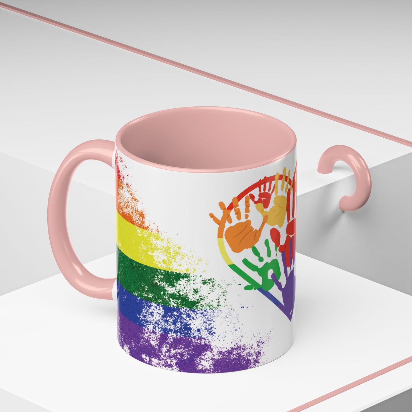 Handprint Heart Pride Mug | Rainbow Splash Ceramic Cup | 11oz & 15oz