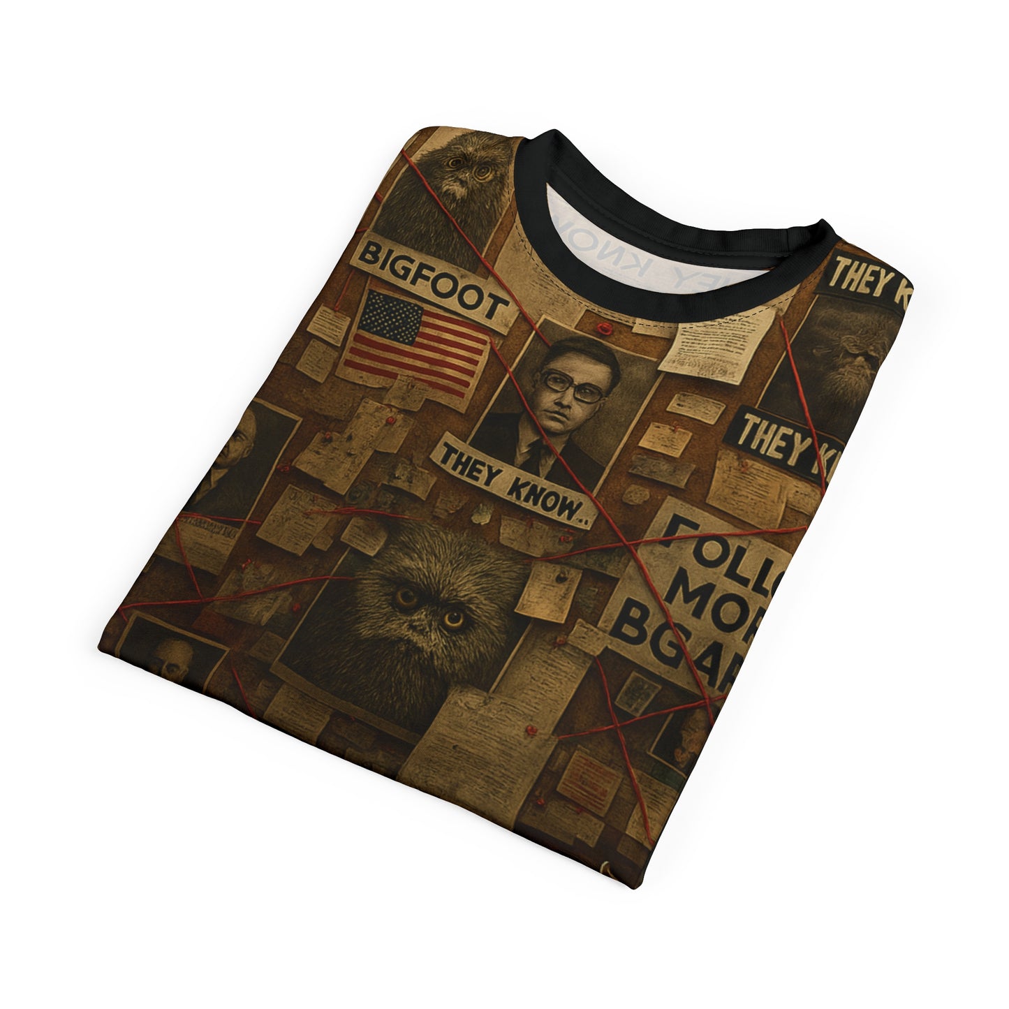 Bigfoot Conspiracy Tee, Unisex T-Shirt, Funny Graphic Tee, Unique Gift for Halloween, Cryptid Lover Fashion, AOP Apparel