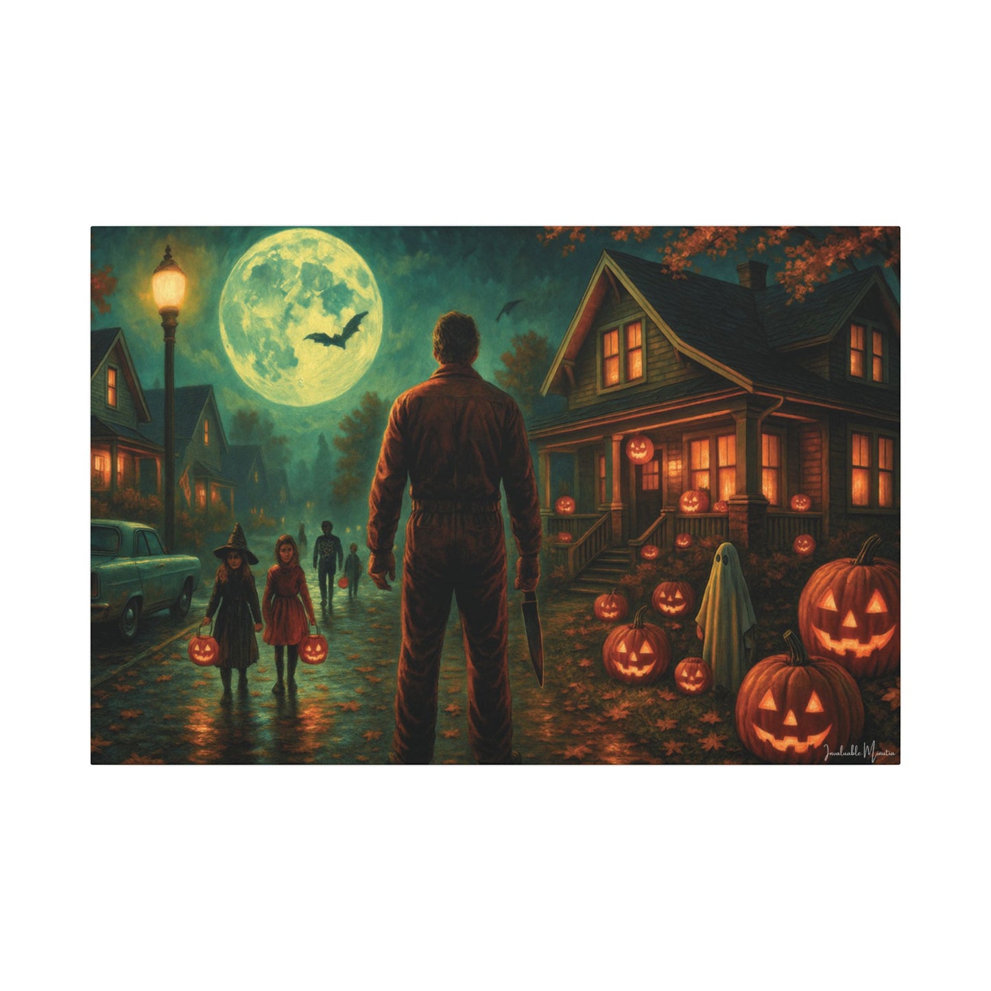 Halloween Neighborhood Scene Canvas Print β Retro Suburban Trick-or-Treat, Glowing Pumpkins & Full Moon Wall Art