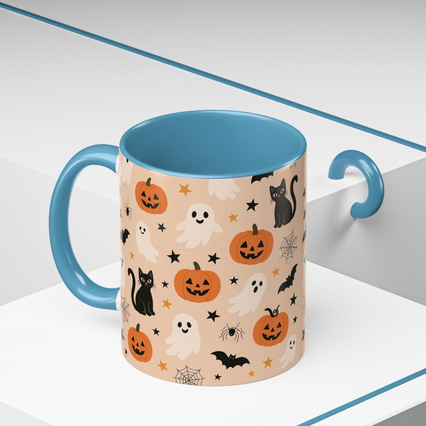 Halloween Color Accent Mug β Ghosts, Pumpkins & Black Cats, Fall Coffee Cup (11oz & 15oz) β Boutique Spooky Season Drinkware