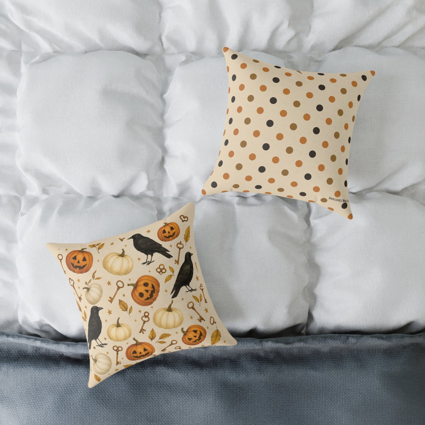 Boutique Halloween Throw Pillow – Crow & Pumpkin Pattern (Reversible Dot Back, Colorway™ Poly Canvas)