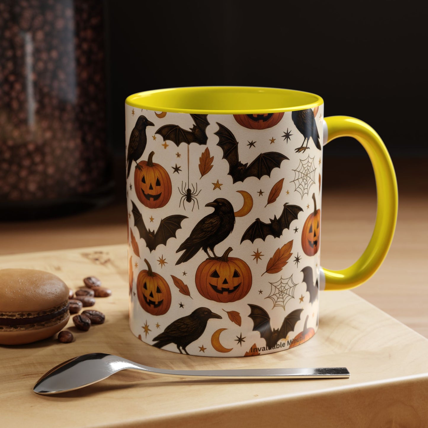 Halloween Raven & Pumpkin Color Accent Mug β Gothic Crow, Bats & Jack-oβ-Lantern Coffee Cup (11oz & 15oz) β Spooky Autumn Drinkware