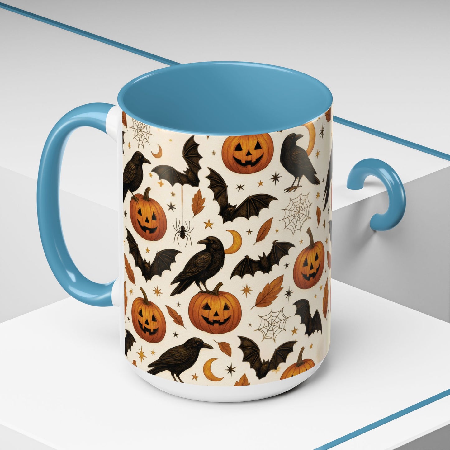 Halloween Raven & Pumpkin Color Accent Mug β Gothic Crow, Bats & Jack-oβ-Lantern Coffee Cup (11oz & 15oz) β Spooky Autumn Drinkware