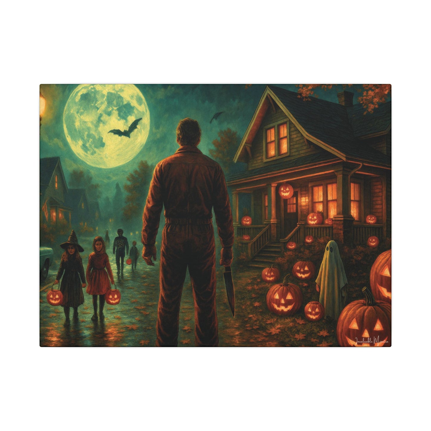 Halloween Neighborhood Scene Canvas Print β Retro Suburban Trick-or-Treat, Glowing Pumpkins & Full Moon Wall Art