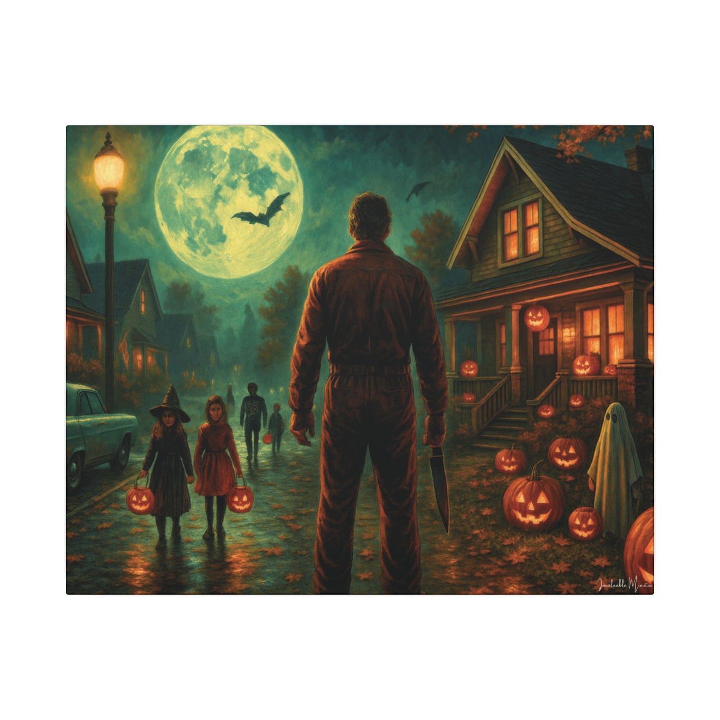 Halloween Neighborhood Scene Canvas Print β Retro Suburban Trick-or-Treat, Glowing Pumpkins & Full Moon Wall Art