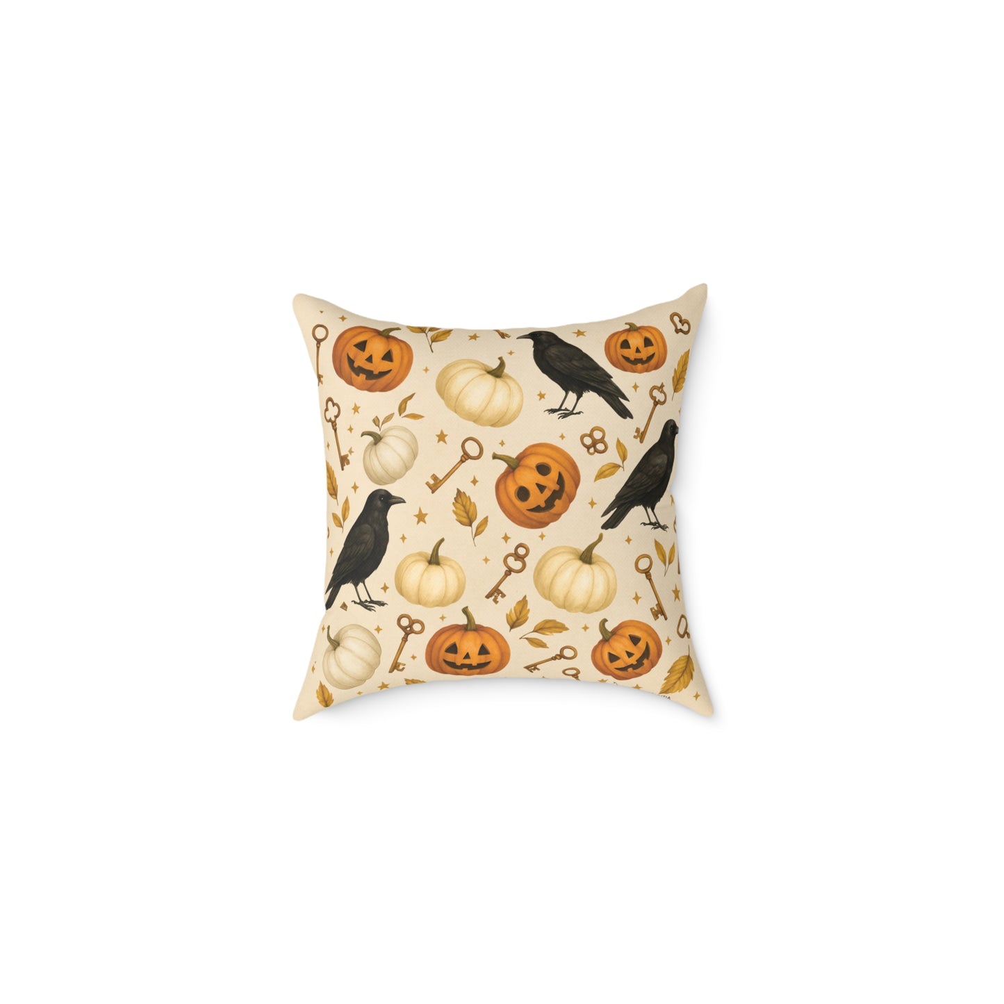 Boutique Halloween Throw Pillow – Crow & Pumpkin Pattern (Reversible Dot Back, Colorway™ Poly Canvas)