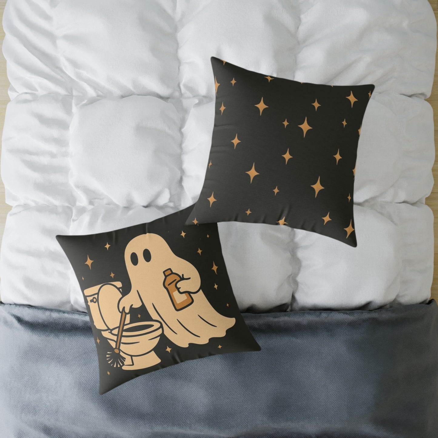 Ghost Cleaning Crew Canvas Throw Pillow β Spooky Chores Collection