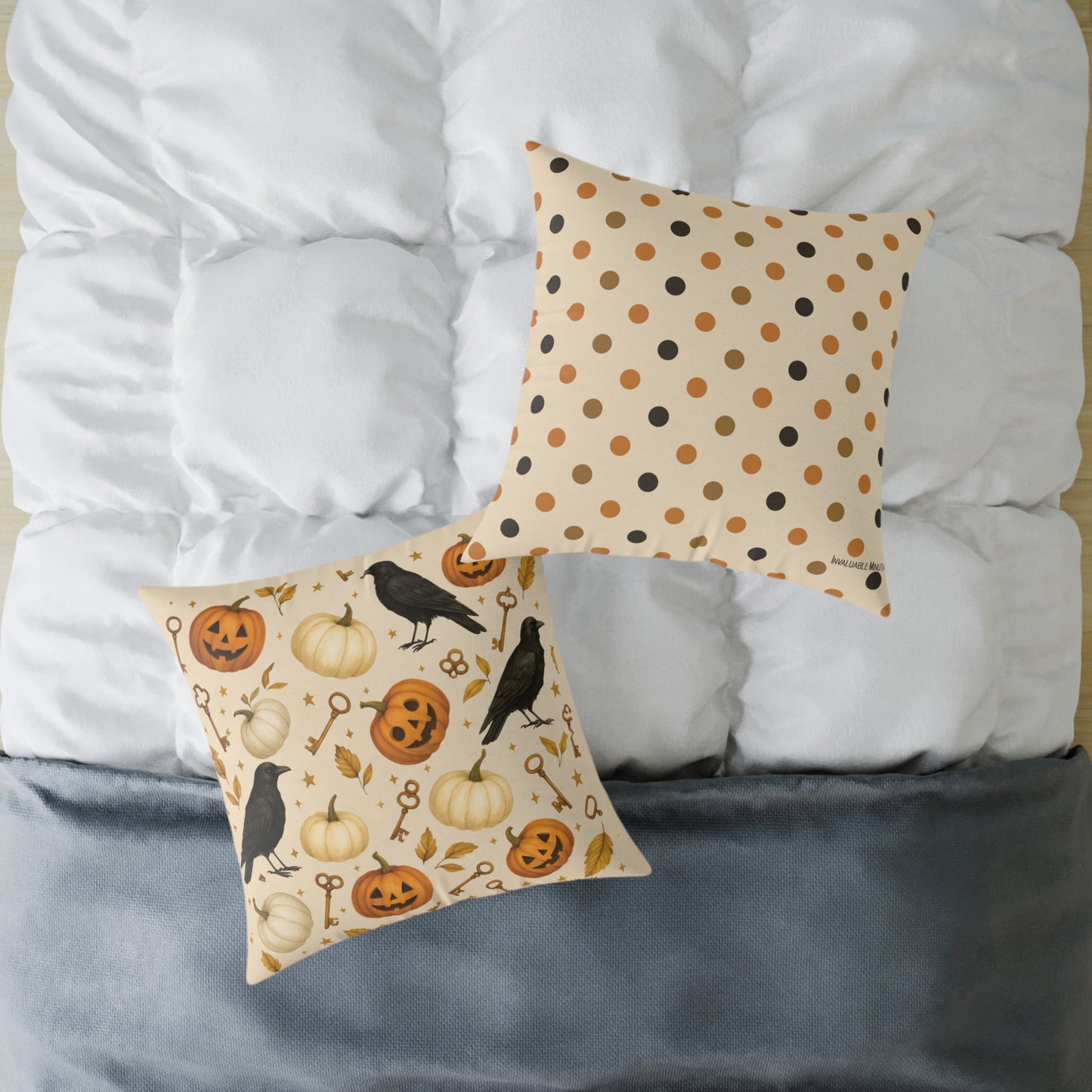 Boutique Halloween Throw Pillow – Crow & Pumpkin Pattern (Reversible Dot Back, Colorway™ Poly Canvas)
