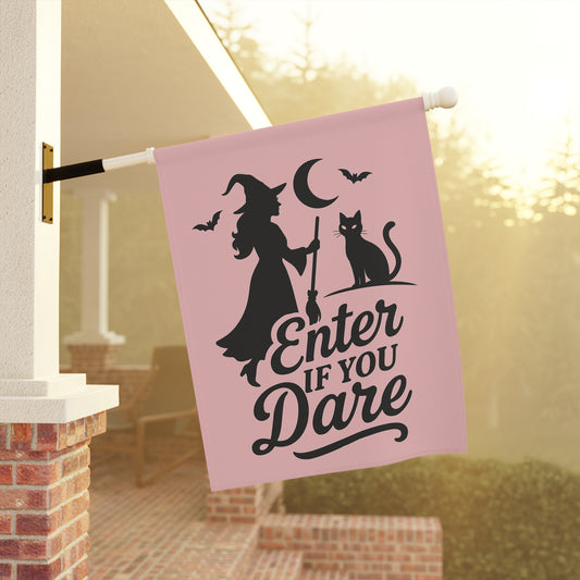 Pastel Gothic Witch Garden Flag or Banner – Pink Halloween Yard Flag, Black Cat Silhouette, Retro “Enter If You Dare”