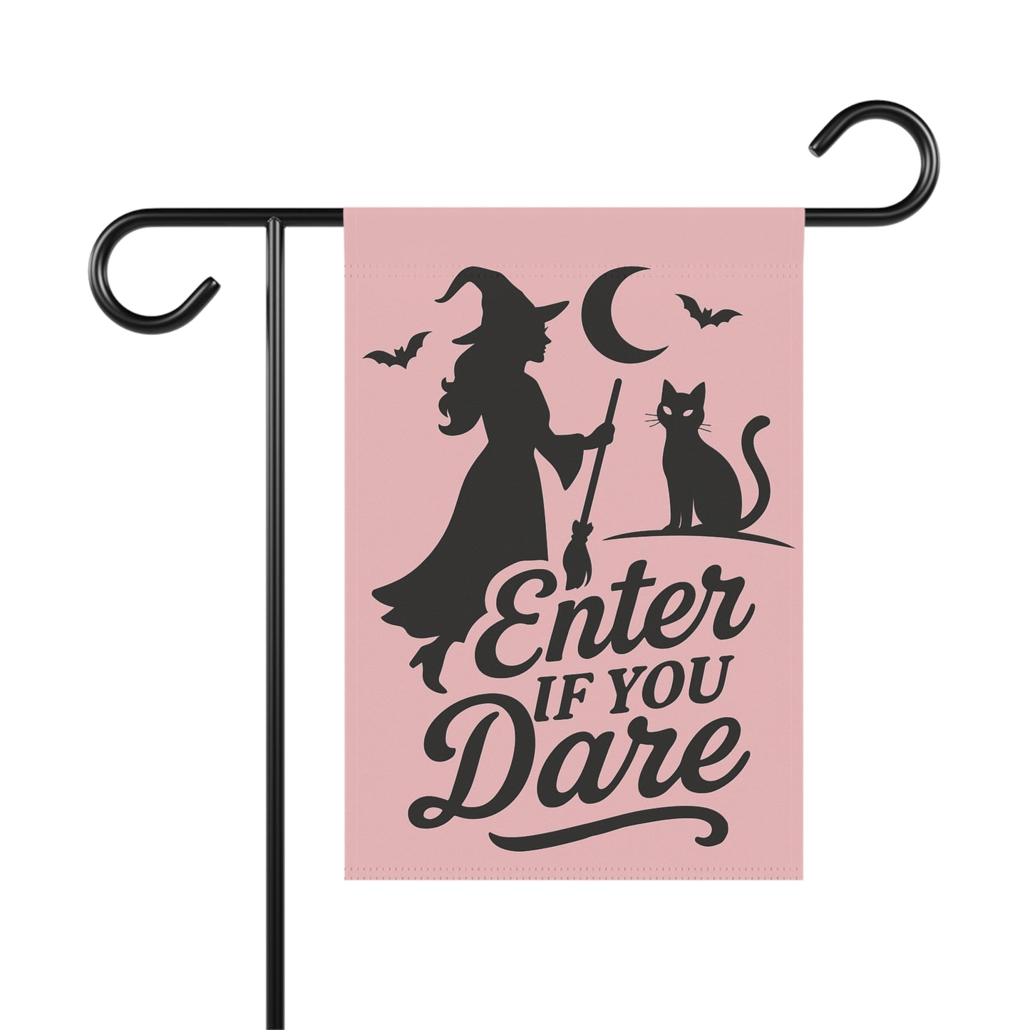 Pastel Gothic Witch Garden Flag – Pink Halloween Yard Flag, Black Cat Silhouette, Retro “Enter If You Dare”