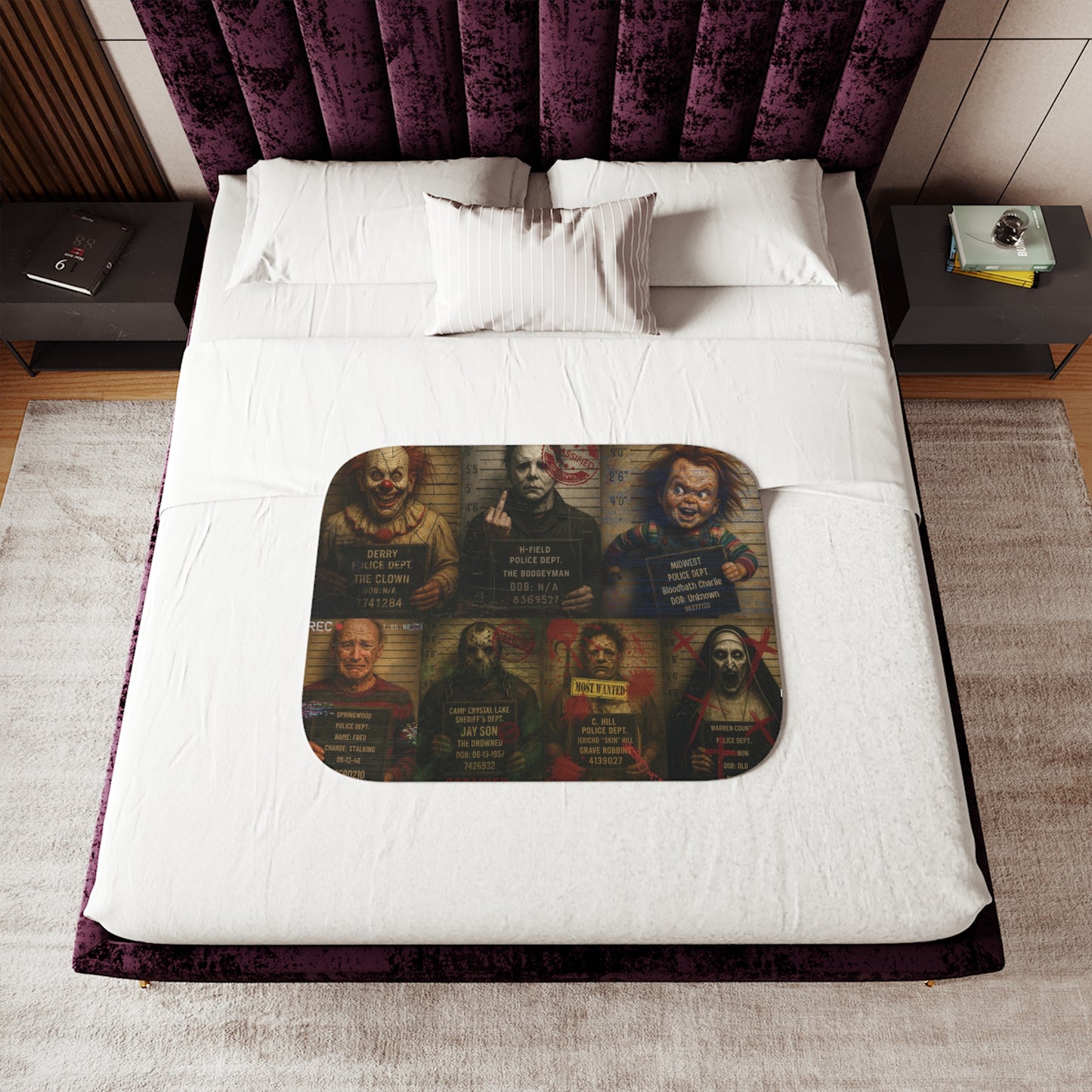 Horror Villains Mugshot Sherpa Fleece Blanket โ Premium Cozy Throw, 3 Sizes, Free Worldwide Shipping
