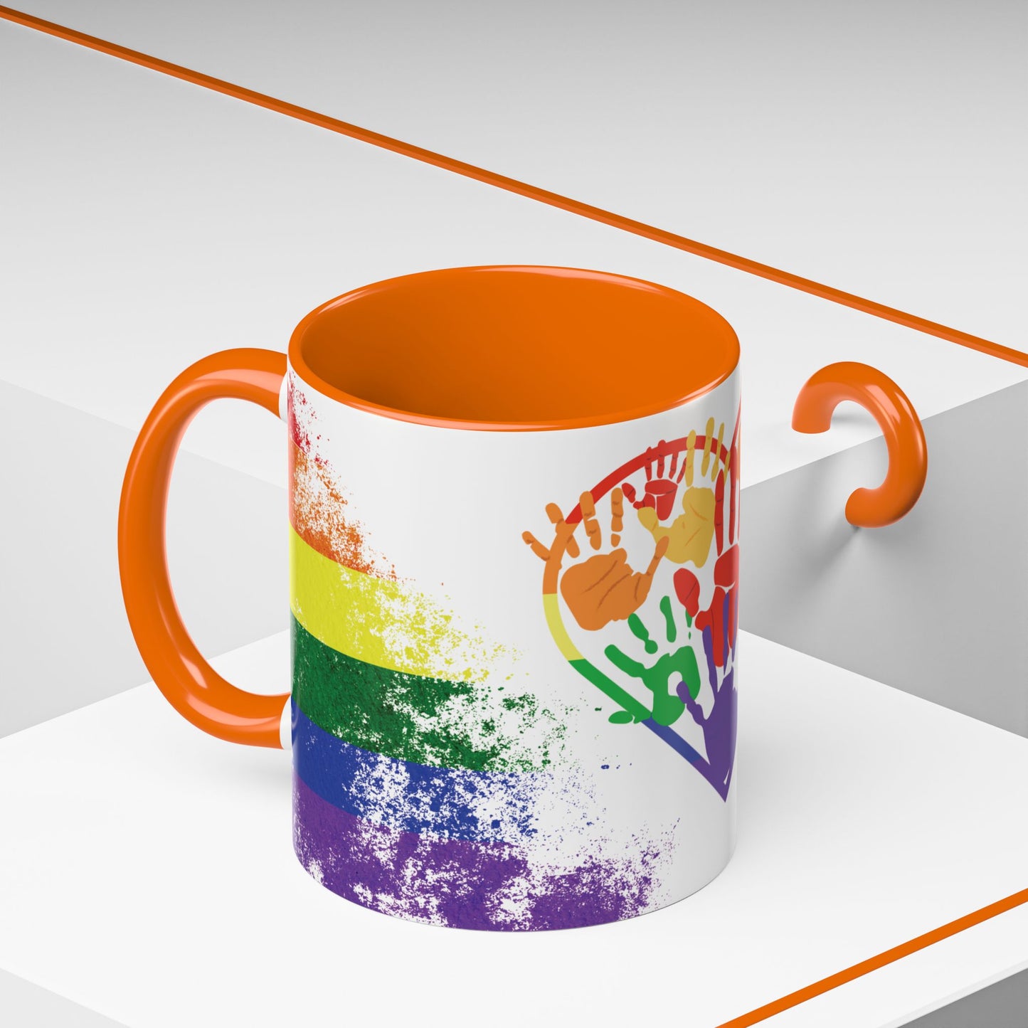Handprint Heart Pride Mug | Rainbow Splash Ceramic Cup | 11oz & 15oz