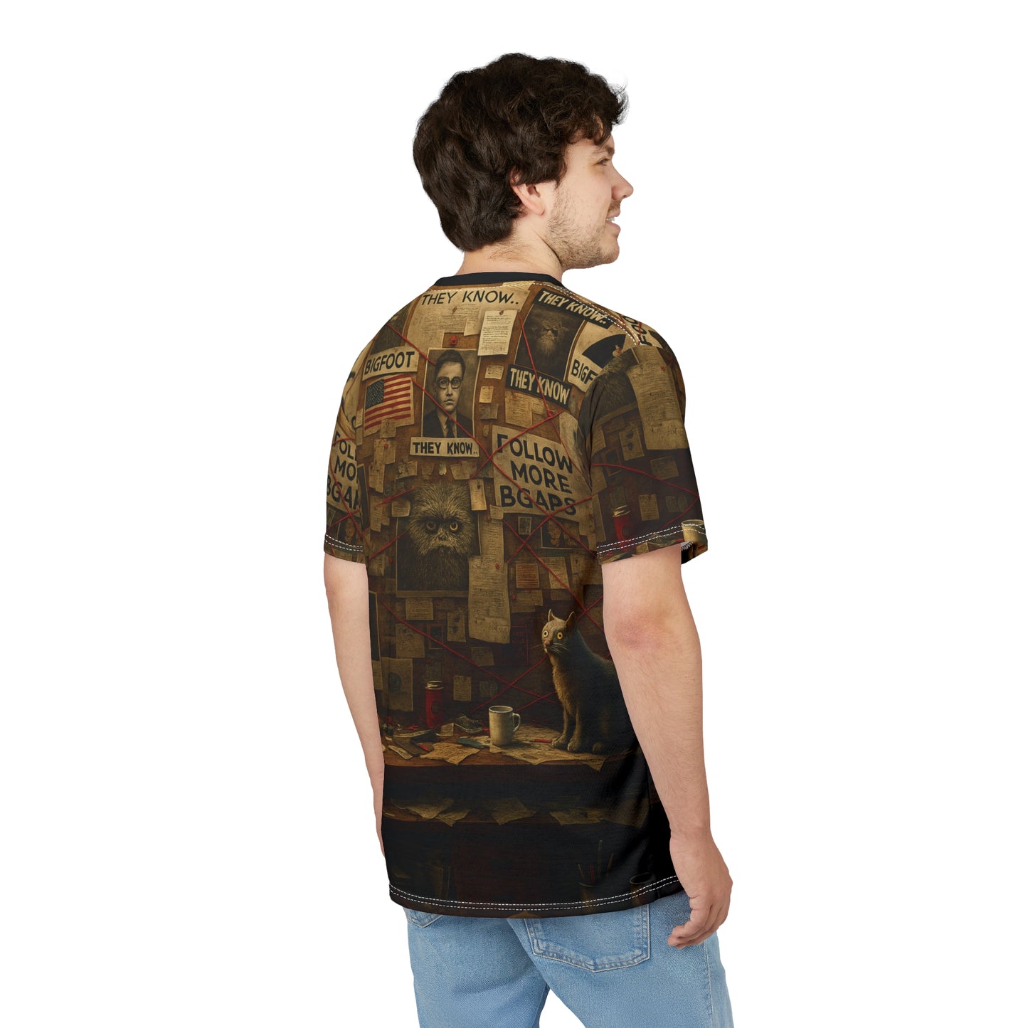 Bigfoot Conspiracy Tee, Unisex T-Shirt, Funny Graphic Tee, Unique Gift for Halloween, Cryptid Lover Fashion, AOP Apparel