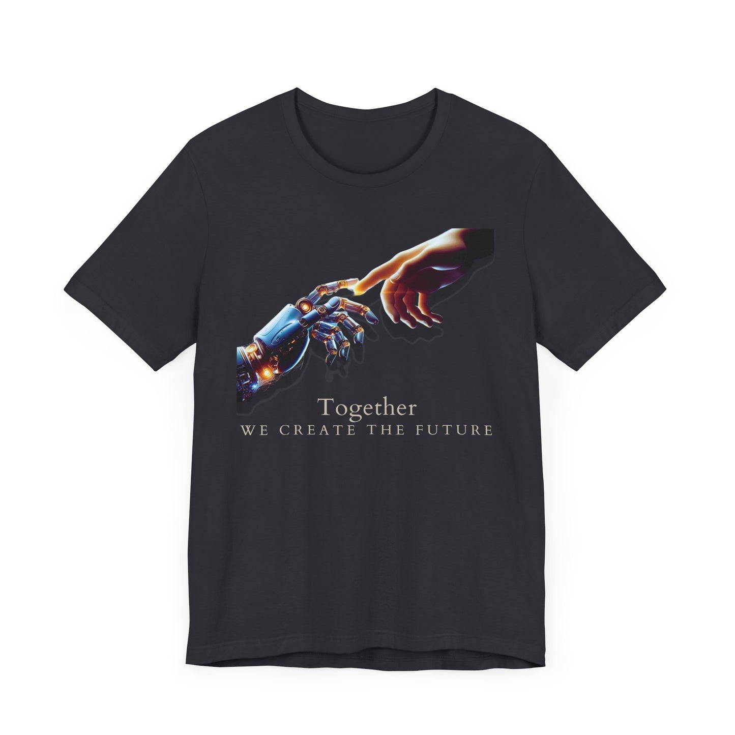 Robotic & Human Hand Touching Jersey Tee - "Together We Create the Future" - Inspirational T-Shirt - Soft, Comfortable Graphic Tee