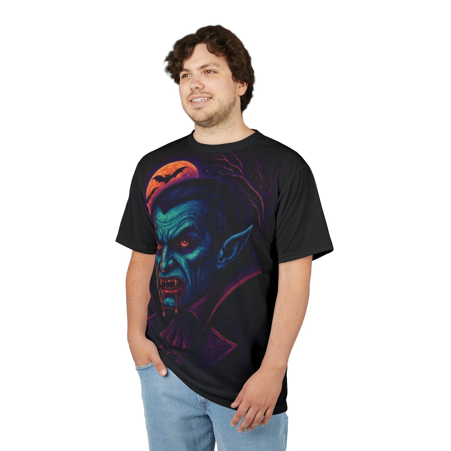 Vampire AOP Halloween T-Shirt β Neon Bloodthirsty Count Extra Large Print Tee (All-Over Print)