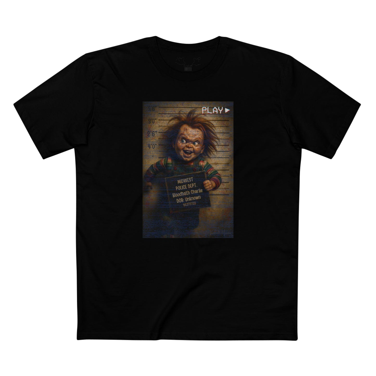 Creepy Killer Doll Mugshot T-Shirt – Halloween Horror Tee, Boutique DTG Print, Premium Cotton Tee, 90s VHS Aesthetic