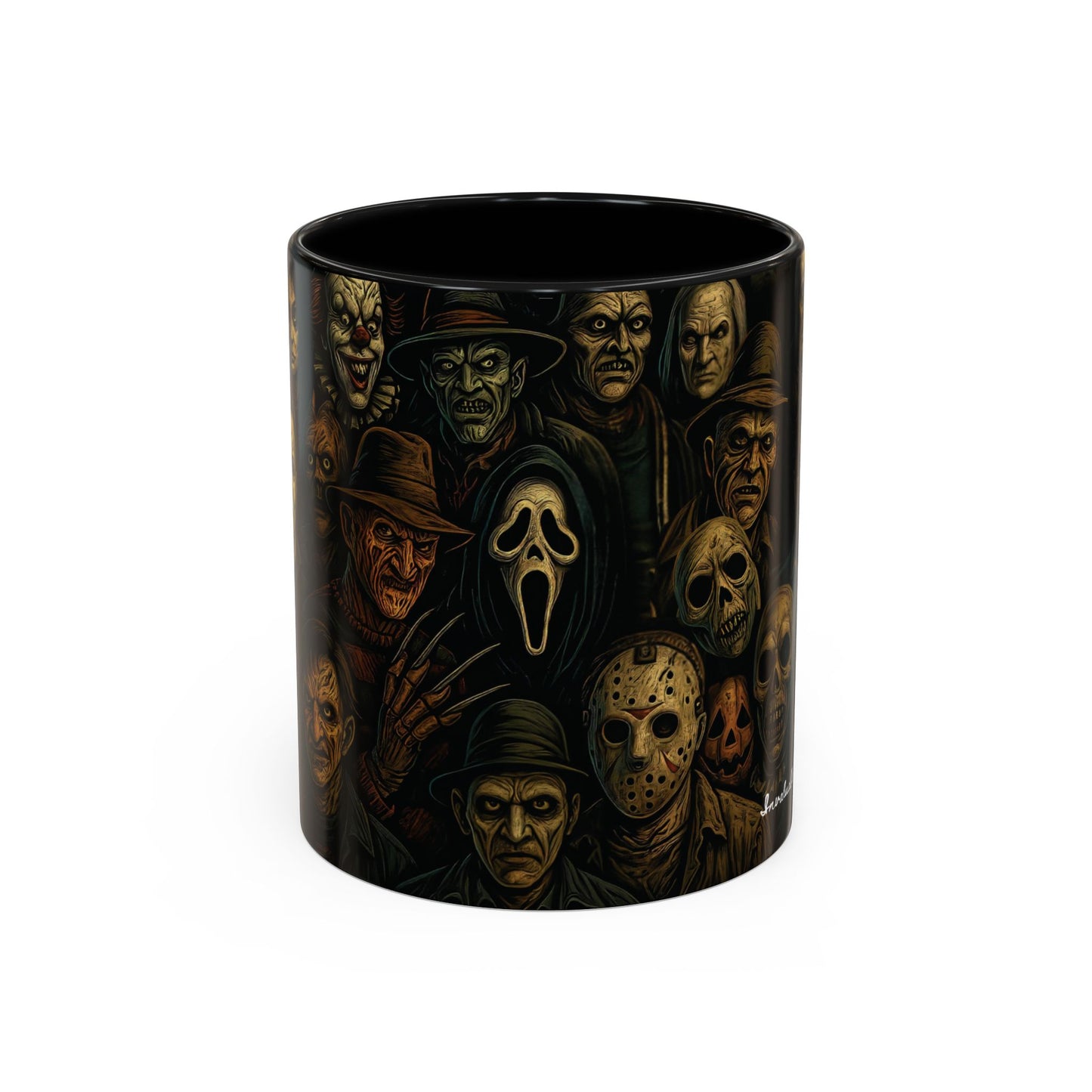 Horror Villain Collage Mug – 15oz & 11oz Ceramic Coffee Mug – Slasher Icons Halloween Gift – Goth Horrorcore Kitchen Decor