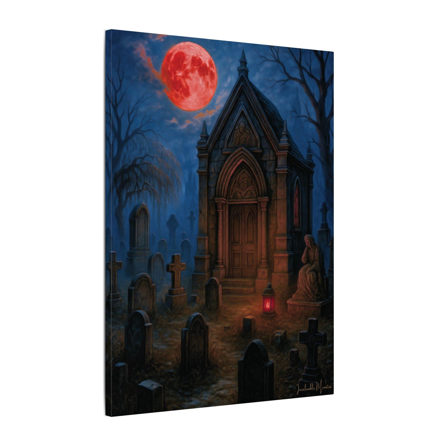 "Blood Moon Mausoleum" – Gothic Graveyard Fine Art Matte Canvas Print (Vertical)