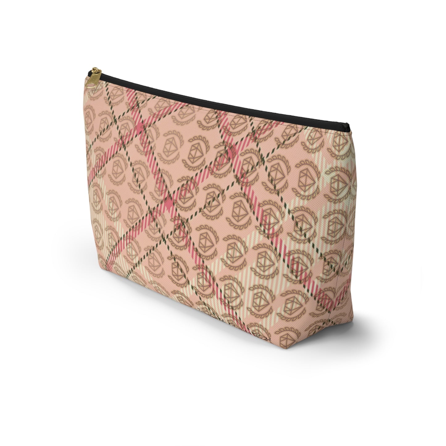 Elegant Plaid T-Bottom Accessory Pouch • Soft Pink Travel Bag with Boutique Monogram • Small or Large Sizes