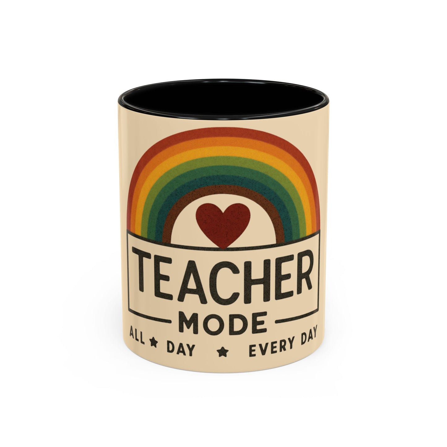 Teacher Mode – Color Accent Mug (11oz/15oz) • Rainbow Heart • Teacher Gift • Dishwasher & Microwave Safe