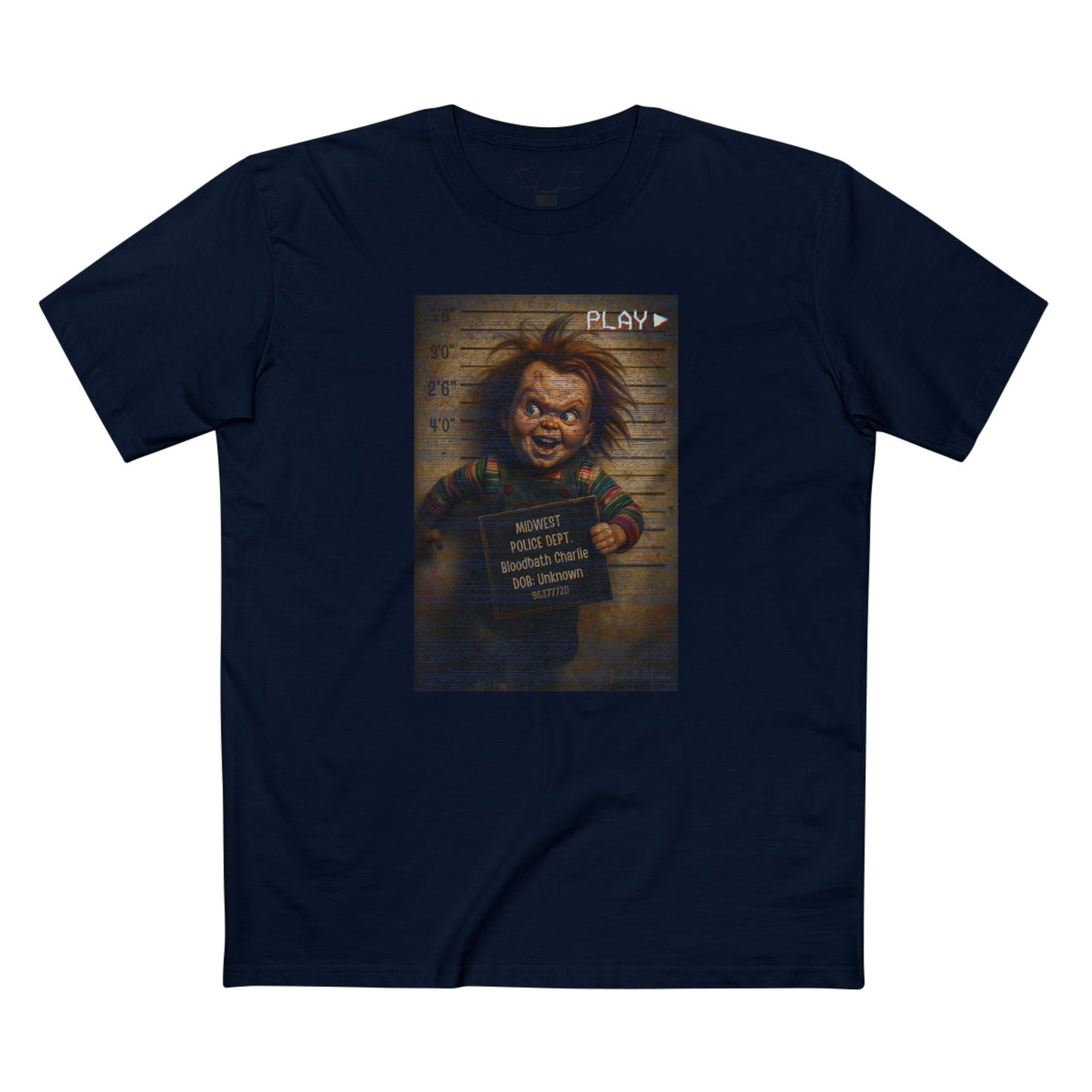 Creepy Killer Doll Mugshot T-Shirt – Halloween Horror Tee, Boutique DTG Print, Premium Cotton Tee, 90s VHS Aesthetic