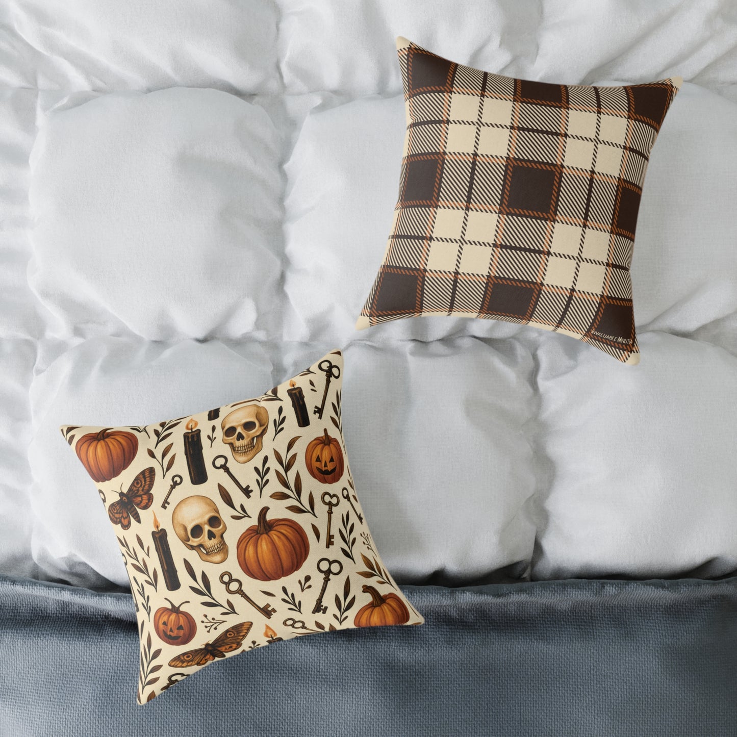 Gothic Halloween Throw Pillow – Colorway Poly Canvas – Reversible Plaid – Skulls, Moths & Black Candles – Premium Fall Decor