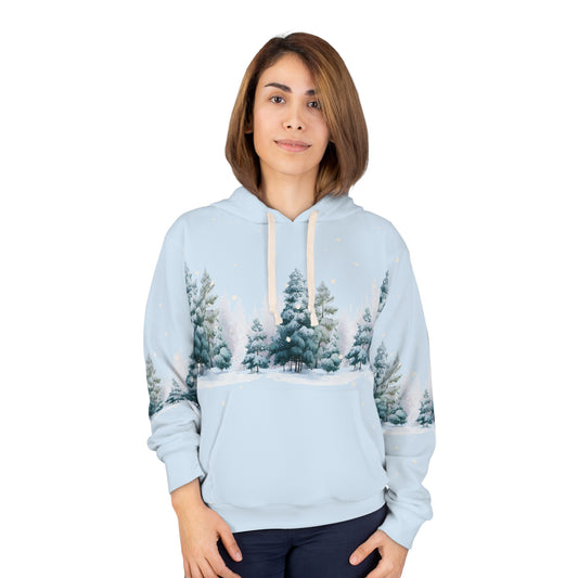 Winter Pines AOP Hoodie – Snowy Christmas Tree Unisex Holiday Pullover