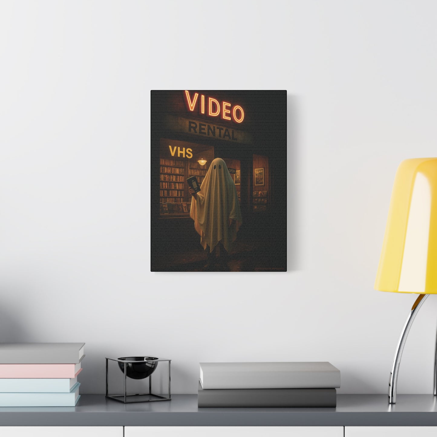 Retro Video Rental Ghost β VHS Nostalgia Matte Stretched Canvas Wall Art | 90s Spooky Decor